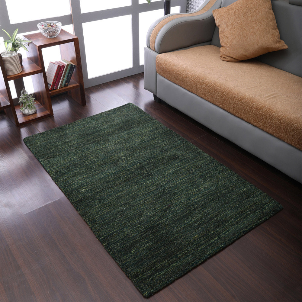 Ebern Designs Gjuro Hand Knotted Loom Silk Mix Area Rug - Dark Green Color | Solid Design | rugs ...